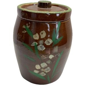 Antique Stoneware Rosmaling Pennsylvania Dutch Folk Art Hand Painted Pot W Lid